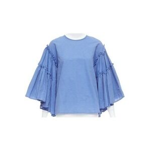 dRA Los Angeles Women's M Blue White Pinstripe Ruffle Bell Sleeve Blouse Top